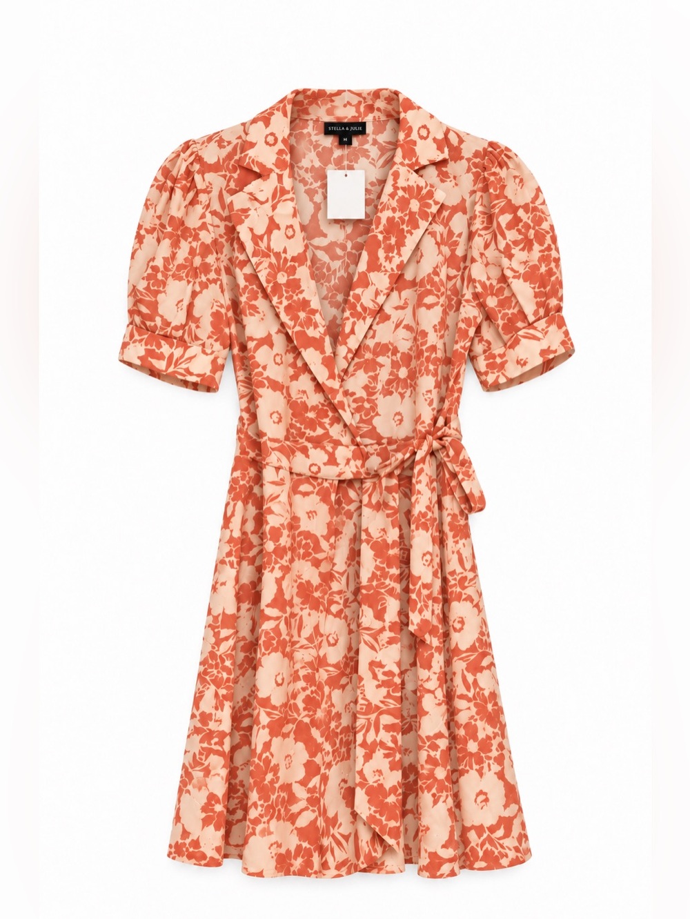 Stella & Julie NWT Coral Floral Wrap Midi Dress Puff Sleeve Tie Waist Size M